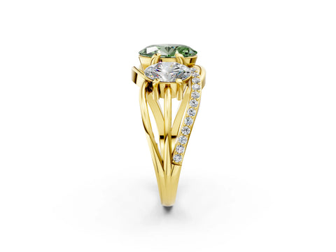 Yellow gold Three-Stone Fancy Green Oval Cut Cut Diamond Split Shank Prong Set Ring_2
