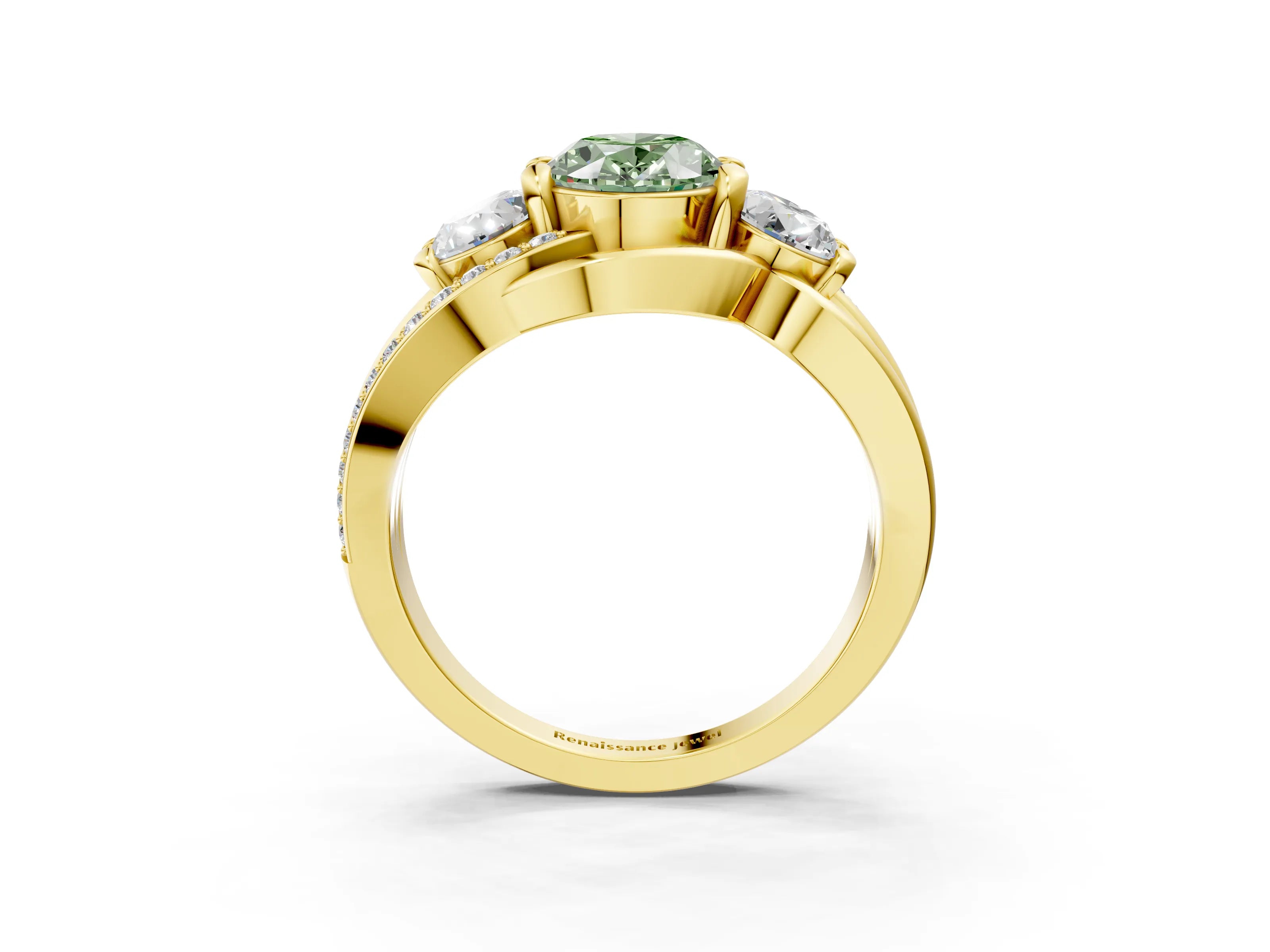 Yellow gold Three-Stone Fancy Green Oval Cut Cut Diamond Split Shank Prong Set Ring_3