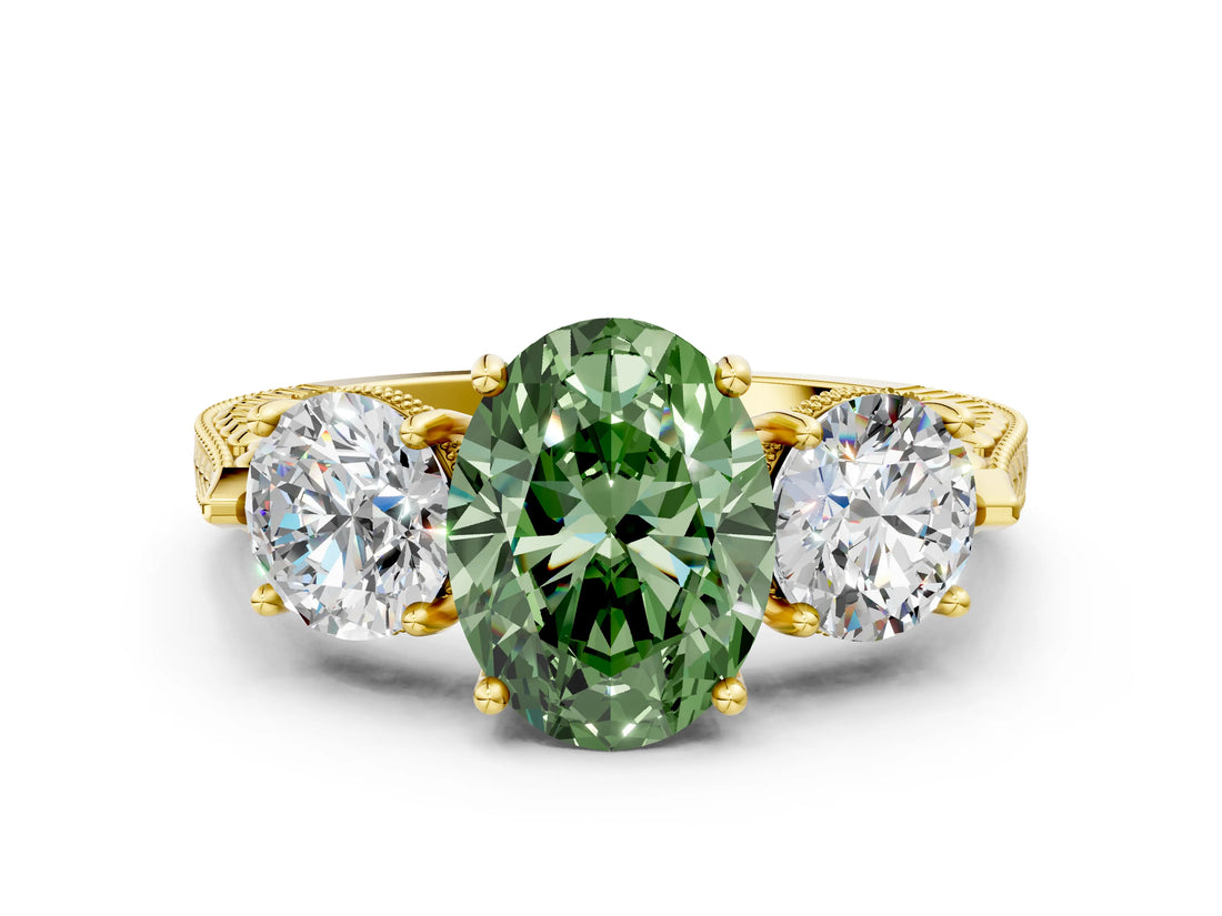 Yellow gold Three-Stone Fancy Green Oval Cut Cut Milgrain Band Prong Setting Ring