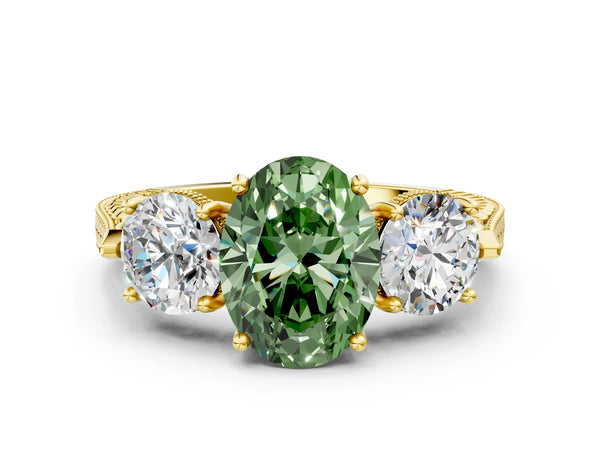 Yellow Gold Oval Vintage Three Stone Engagement Ring Setting for Fancy Green Center