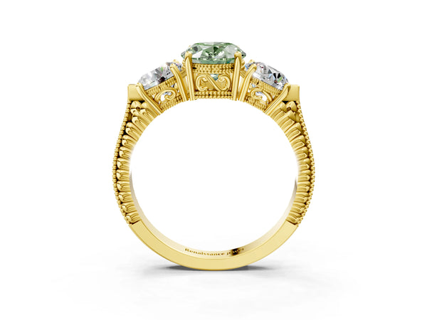 Yellow Gold Oval Vintage Three Stone Engagement Ring Setting for Fancy Green Center