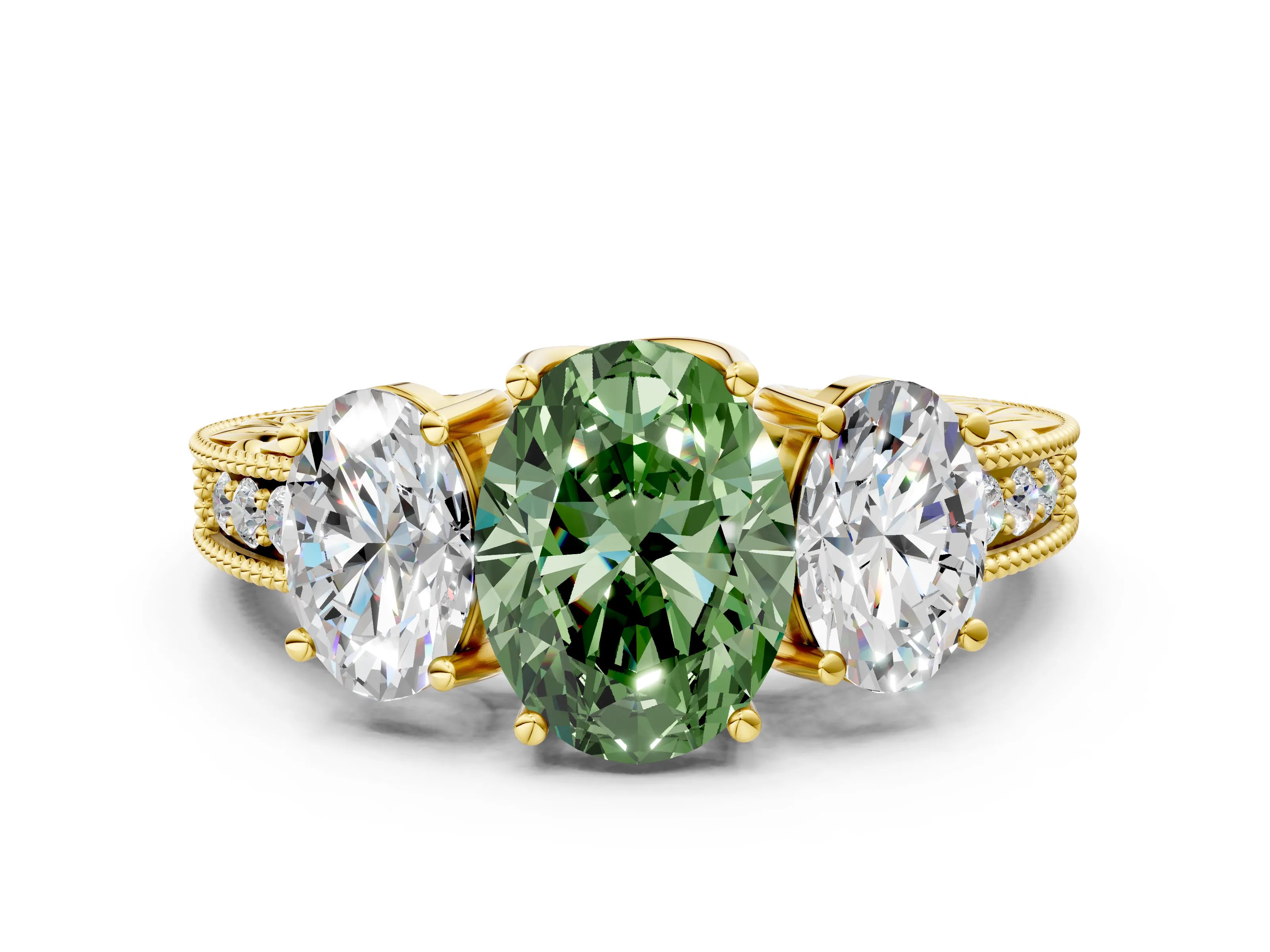 Yellow gold Three-Stone Fancy Green Oval Cut Cut Milgrain Pavé Engagement Ring