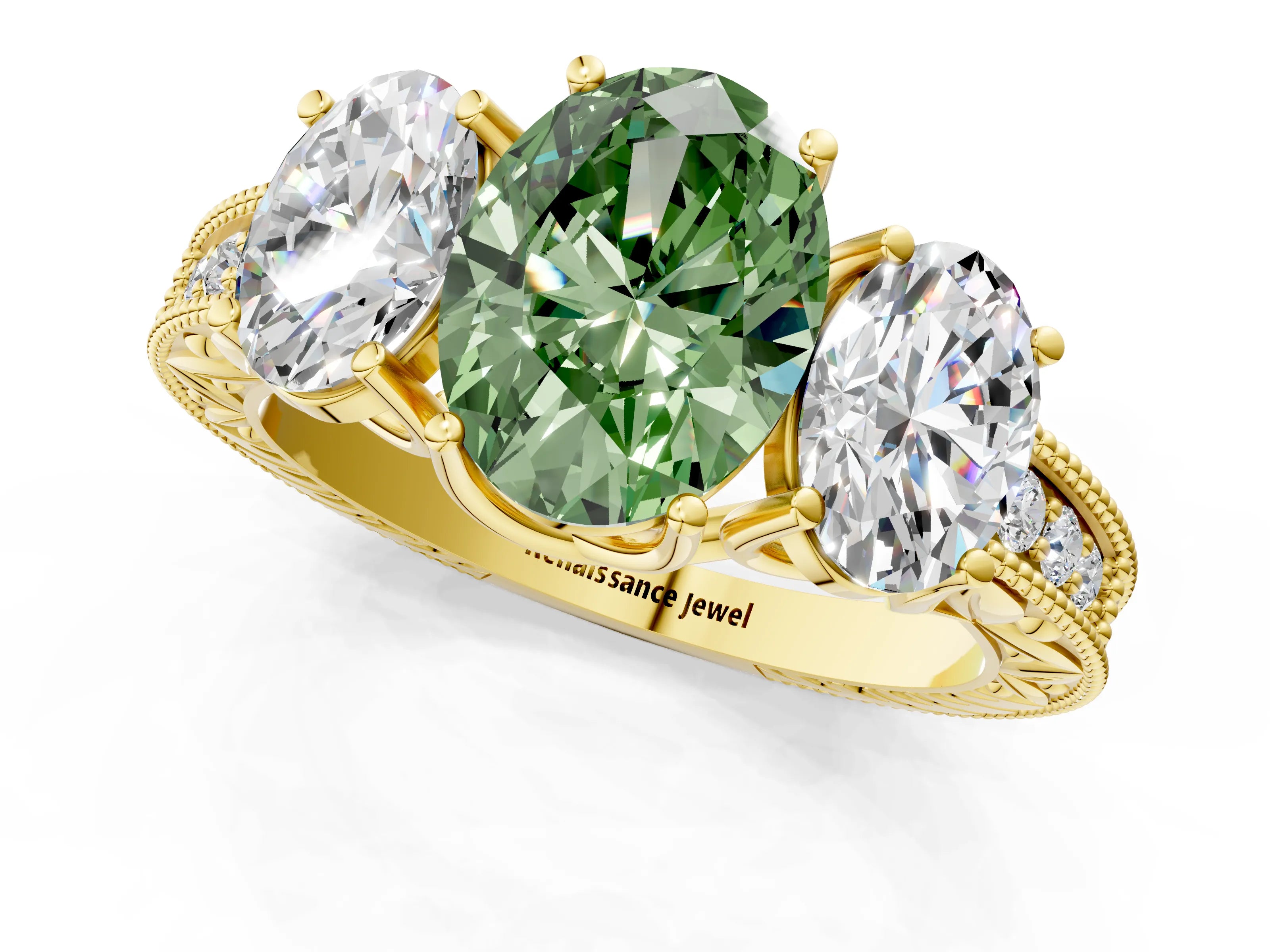Yellow gold Three-Stone Fancy Green Oval Cut Cut Milgrain Pavé Engagement Ring_1