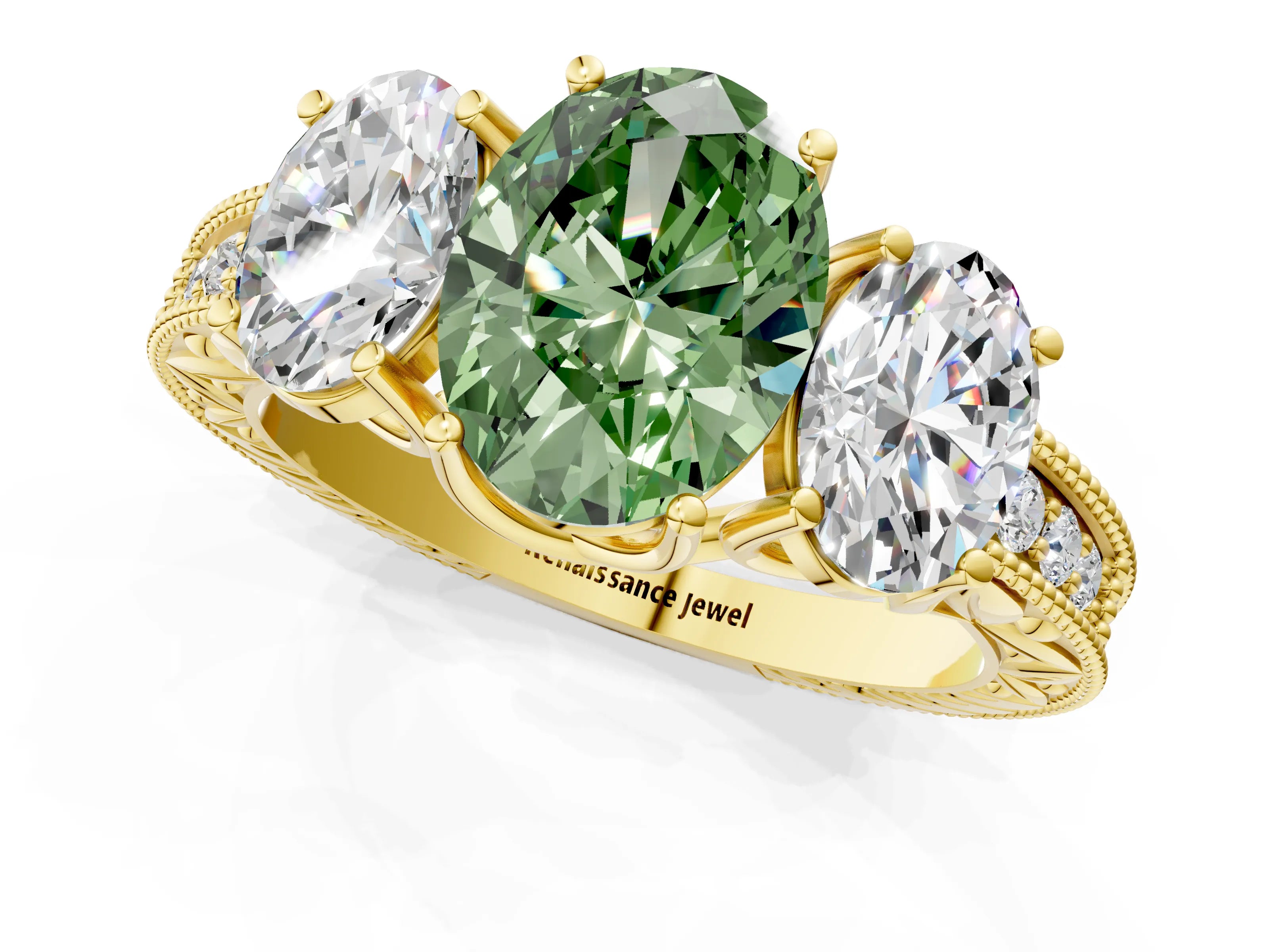 Yellow gold Three-Stone Fancy Green Oval Cut Cut Milgrain Pavé Engagement Ring_13