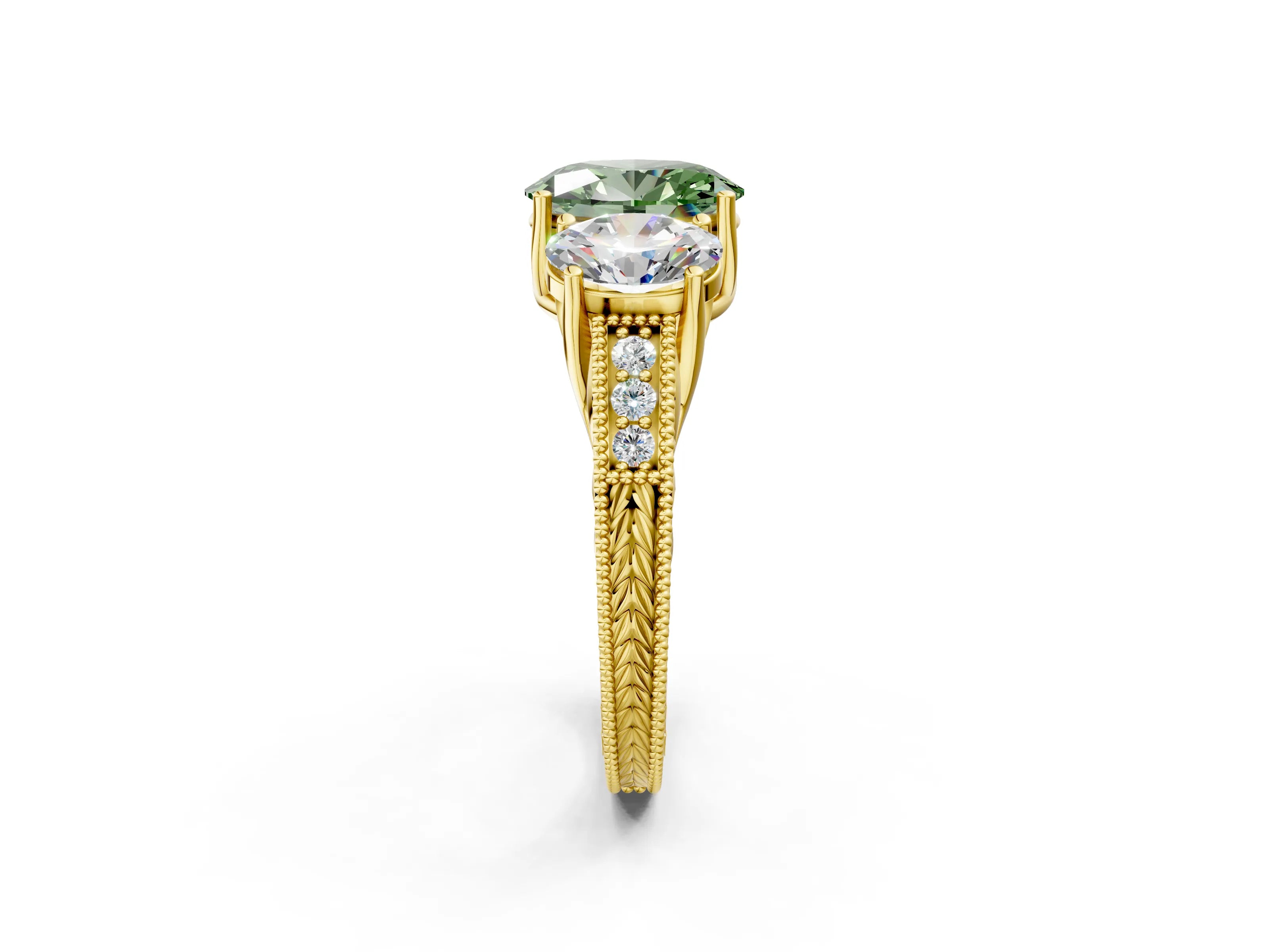 Yellow gold Three-Stone Fancy Green Oval Cut Cut Milgrain Pavé Engagement Ring_14