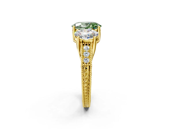 Yellow Gold Oval Engraved Three Stone Engagement Ring Setting for Fancy Green Center