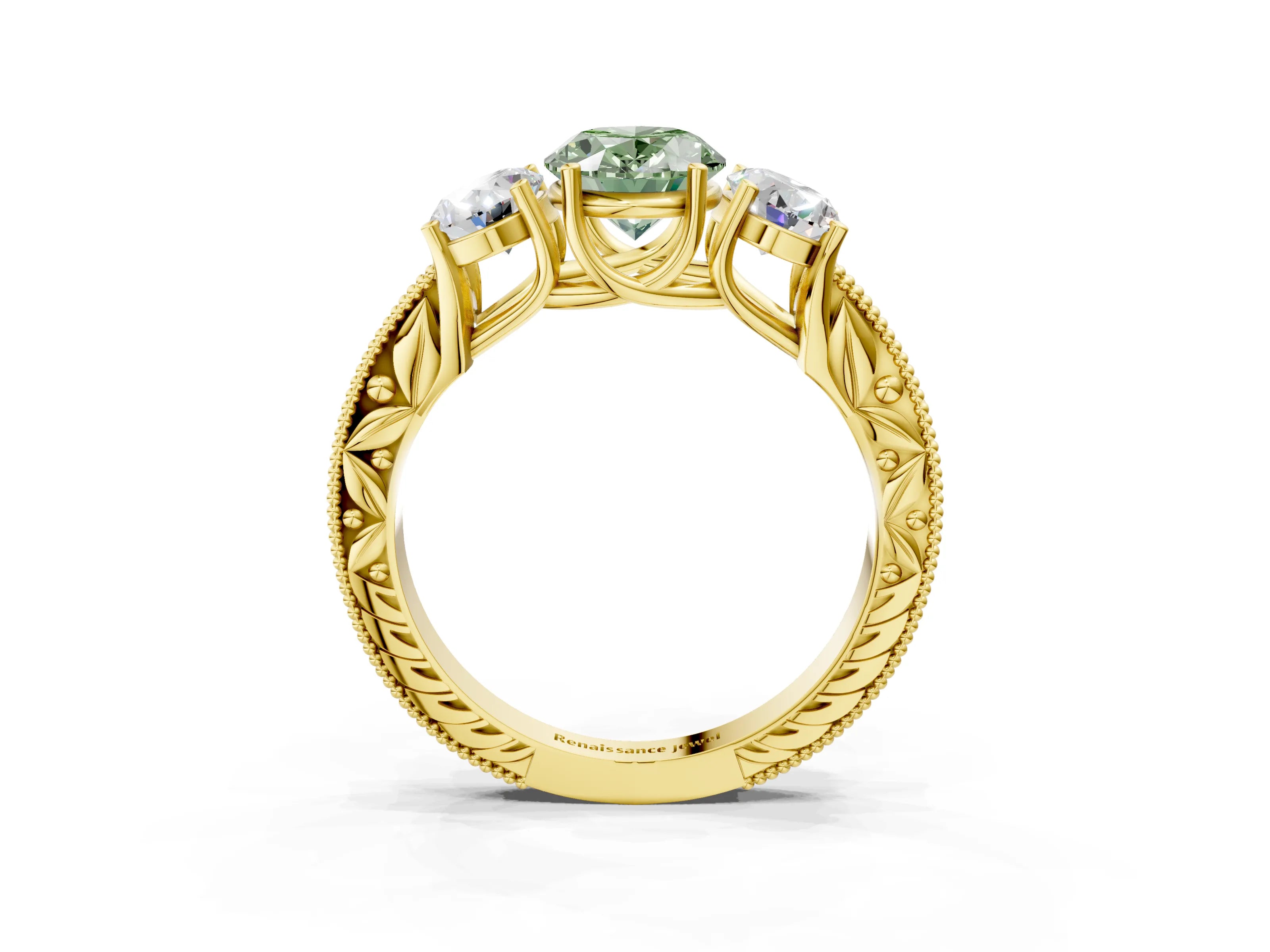 Yellow gold Three-Stone Fancy Green Oval Cut Cut Milgrain Pavé Engagement Ring_15