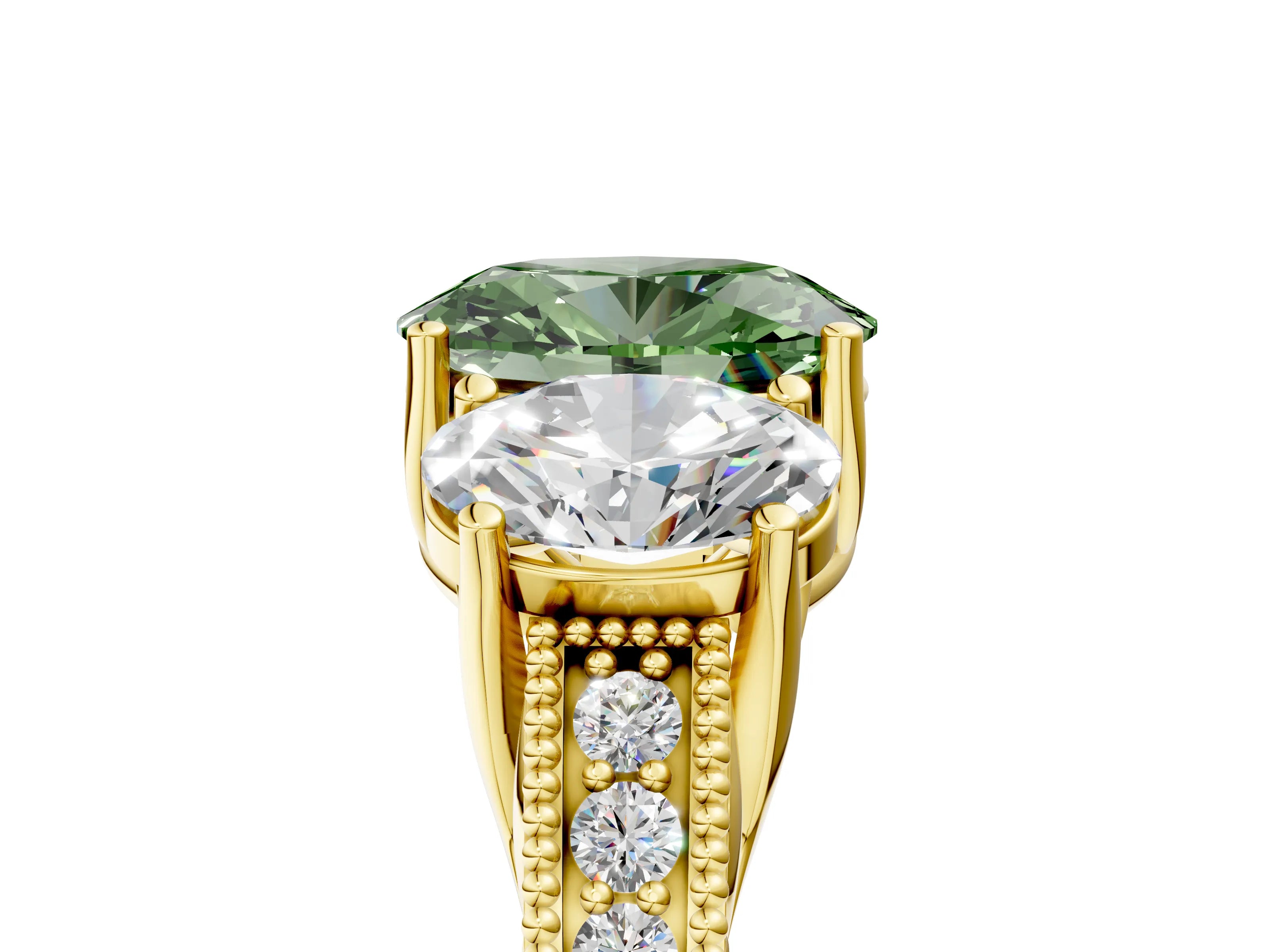 Yellow gold Three-Stone Fancy Green Oval Cut Cut Milgrain Pavé Engagement Ring_17