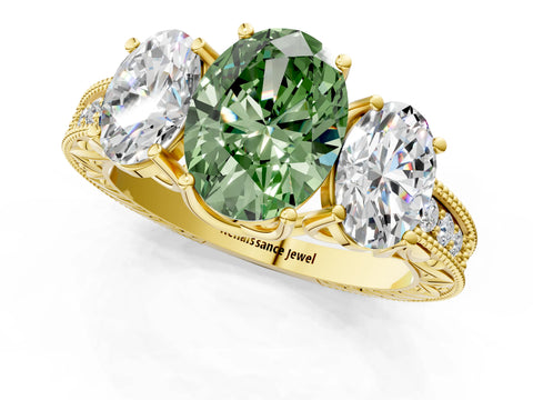 Yellow gold Three-Stone Fancy Green Oval Cut Cut Milgrain Pavé Engagement Ring_1