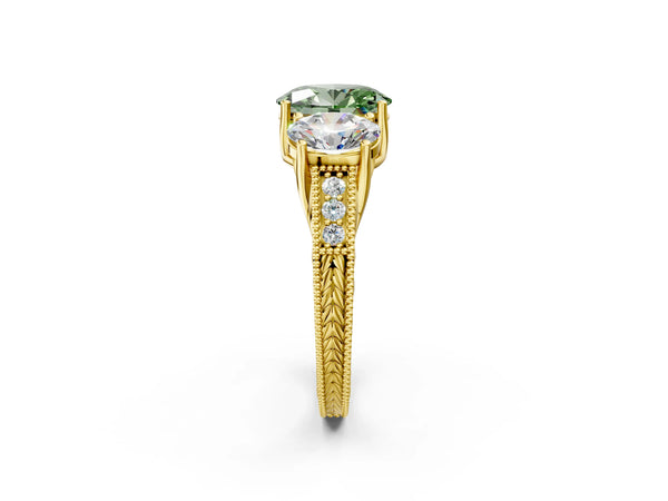 Yellow gold Three-Stone Fancy Green Oval Cut Cut Milgrain Pavé Engagement Ring