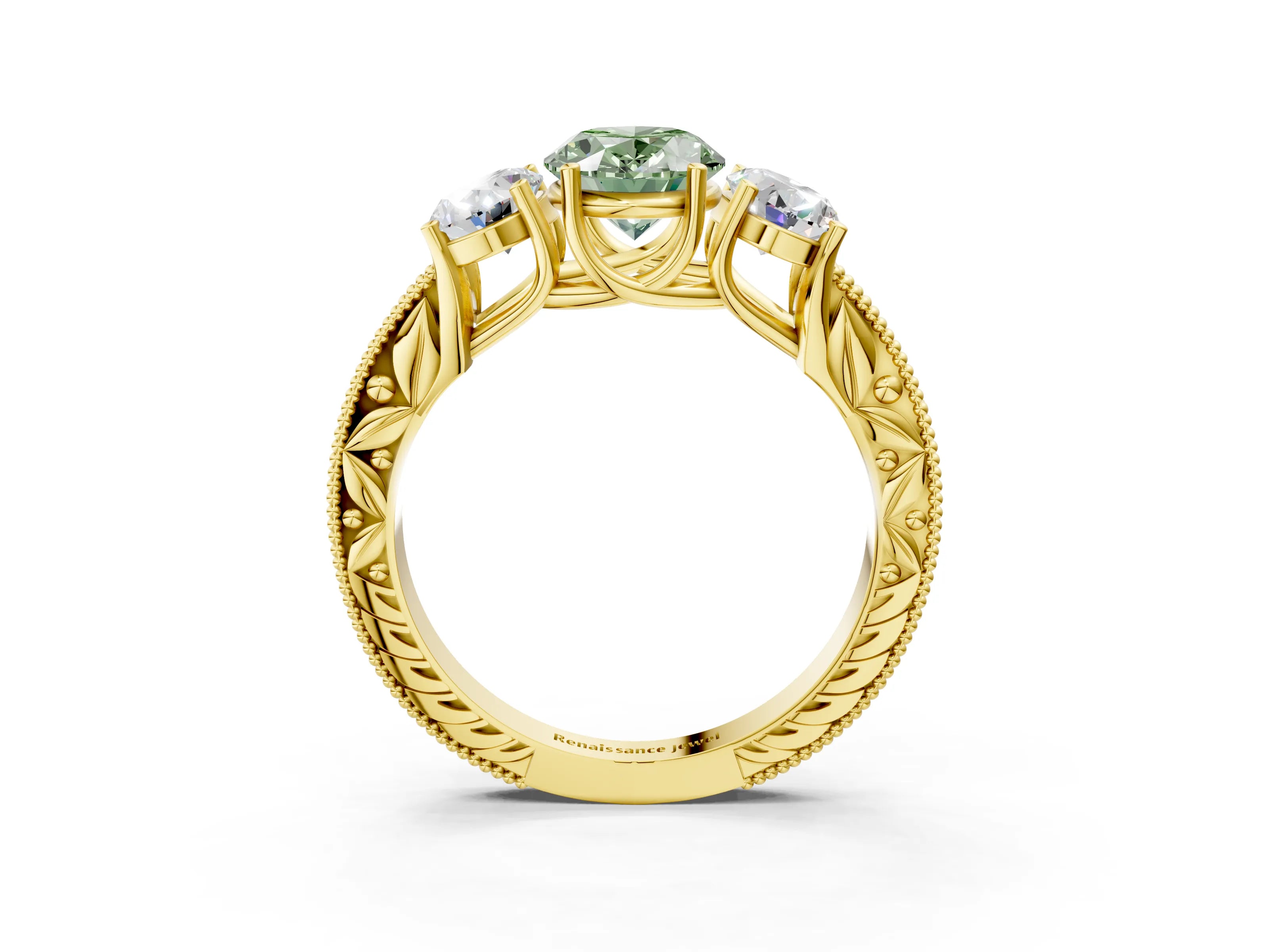 Yellow gold Three-Stone Fancy Green Oval Cut Cut Milgrain Pavé Engagement Ring_3