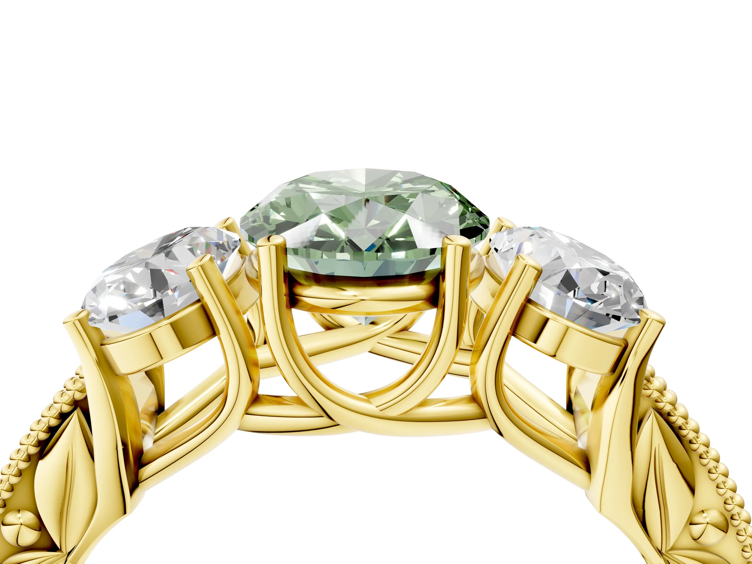 Yellow gold Three-Stone Fancy Green Oval Cut Cut Milgrain Pavé Engagement Ring_4