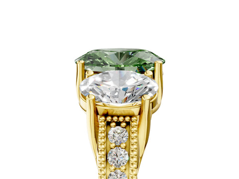 Yellow gold Three-Stone Fancy Green Oval Cut Cut Milgrain Pavé Engagement Ring_5