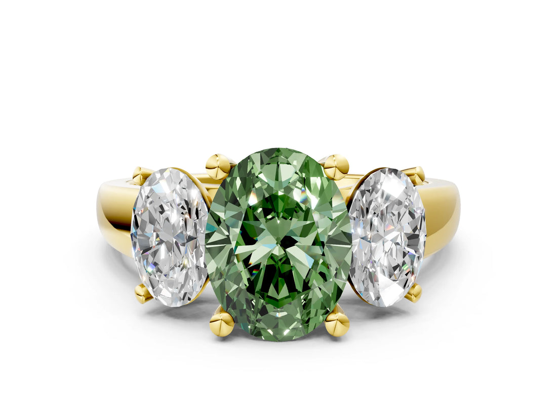 Yellow gold Three-Stone Fancy Green Oval Cut Cut Solitaire Ring with Classic Prong Setting