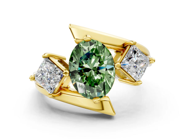 Yellow gold Three-Stone Fancy Green Oval Cut Cut Tension Band Ring with Four-Prong Setting