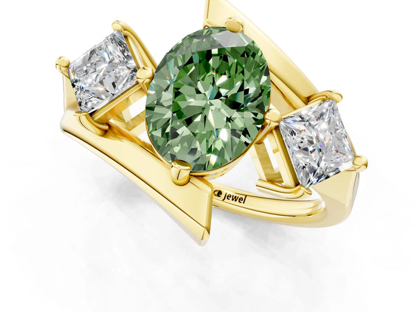 Yellow gold Three-Stone Fancy Green Oval Cut Cut Tension Band Ring with Four-Prong Setting