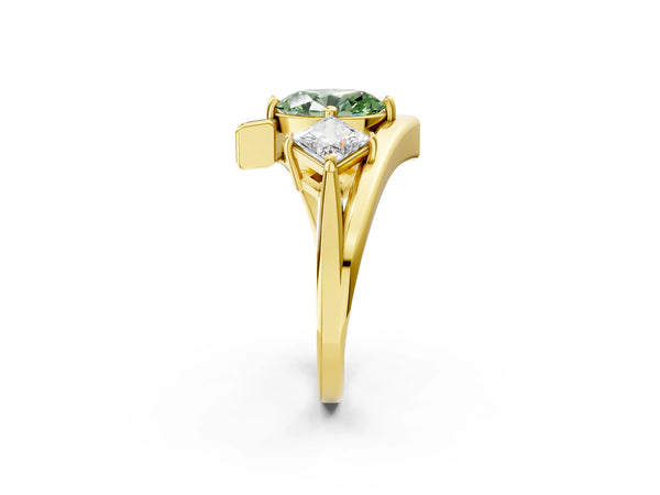 Yellow gold Three-Stone Fancy Green Oval Cut Cut Tension Band Ring with Four-Prong Setting