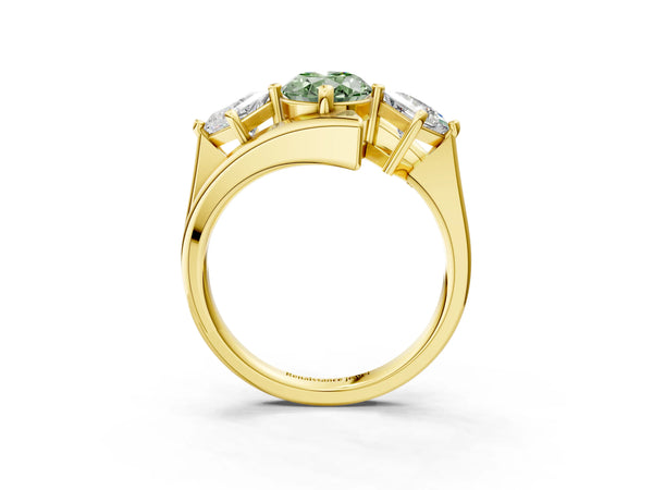 Yellow gold Three-Stone Fancy Green Oval Cut Cut Tension Band Ring with Four-Prong Setting