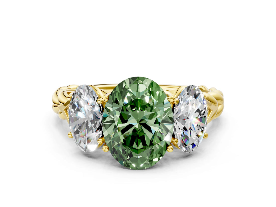 Yellow gold Three-Stone Fancy Green Oval Cut Diamond Braided Band Ring with Four-Prong Setting_40