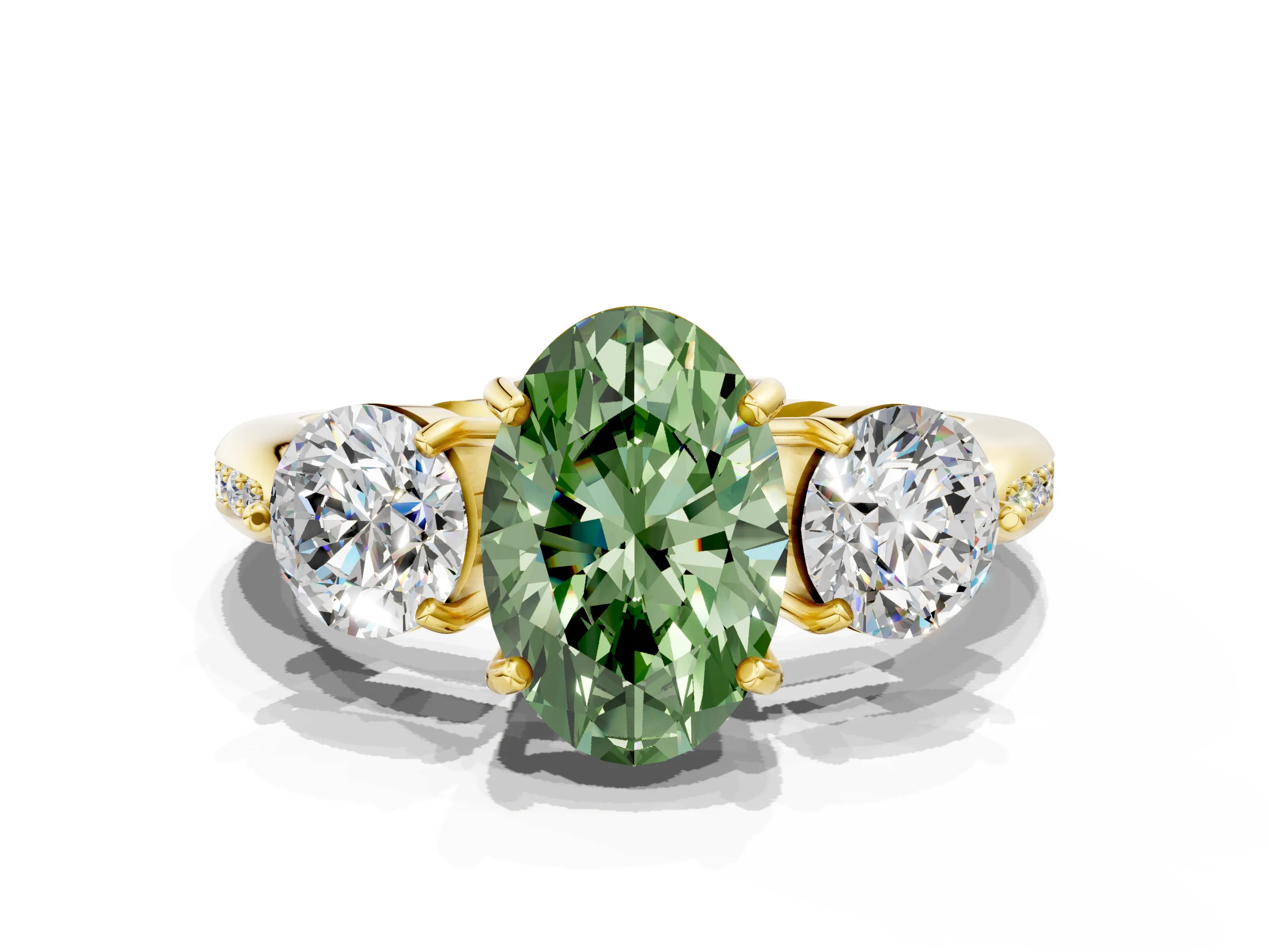 Yellow gold Three-Stone Fancy Green Oval Cut Diamond Channel Set Engagement Ring with Prong Setting