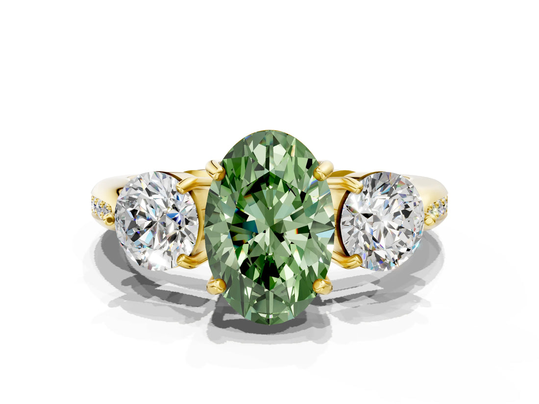 Yellow gold Three-Stone Fancy Green Oval Cut Diamond Channel Set Engagement Ring with Prong Setting