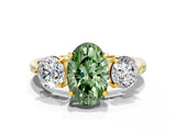 Yellow gold Three-Stone Fancy Green Oval Cut Diamond Channel Set Engagement Ring with Prong Setting