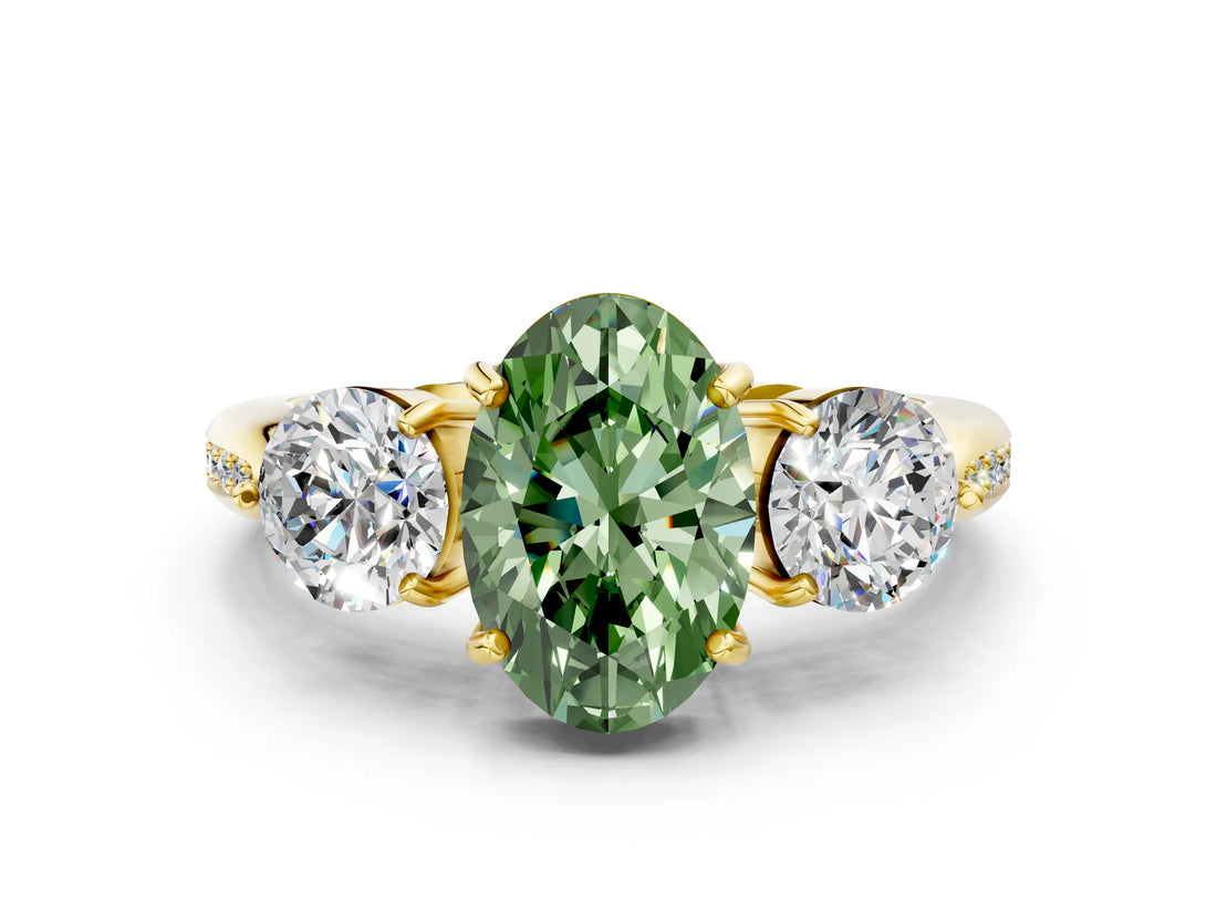 Yellow gold Three-Stone Fancy Green Oval Cut Diamond Channel Set Engagement Ring with Prong Setting_12