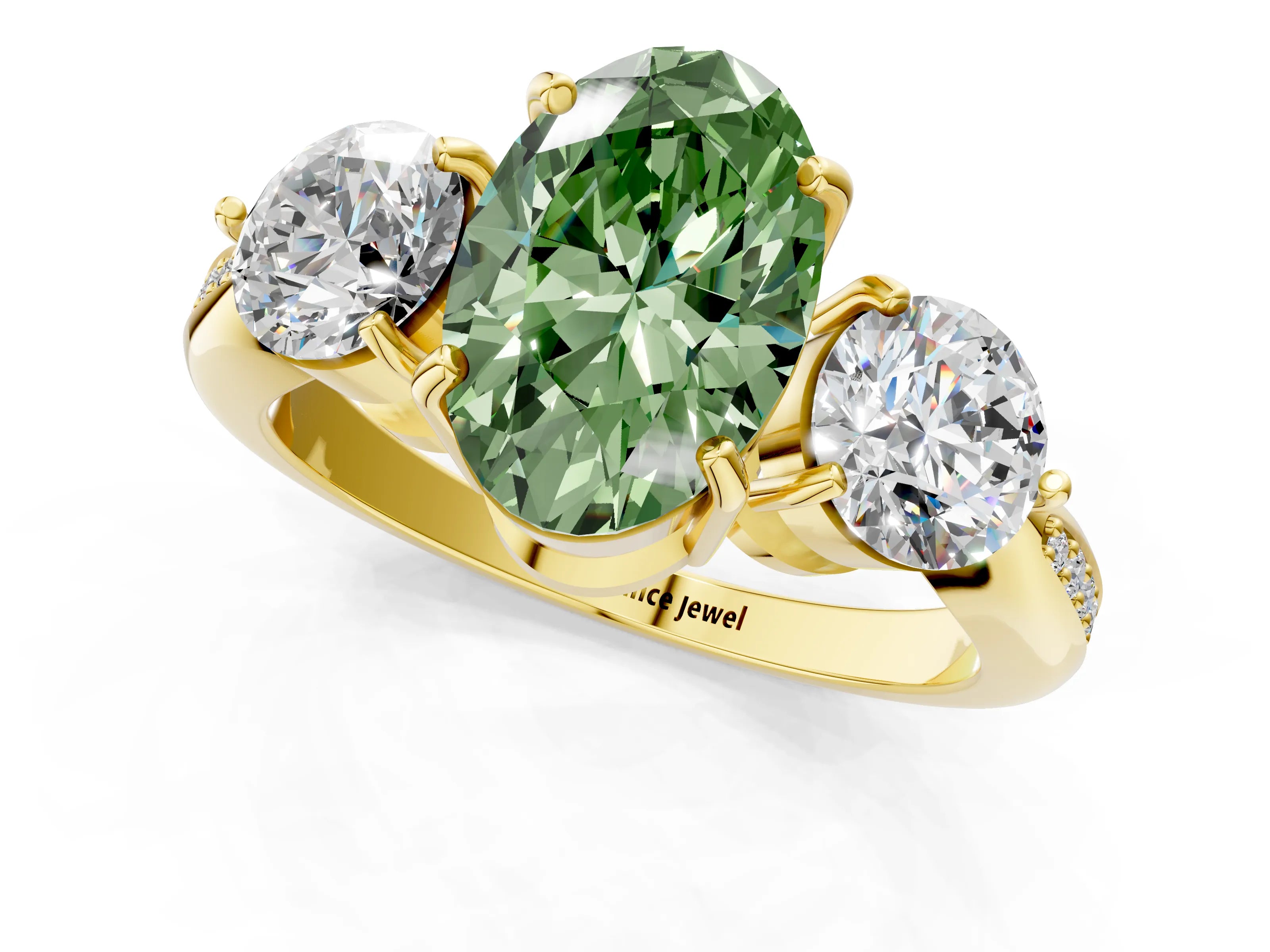 Yellow gold Three-Stone Fancy Green Oval Cut Diamond Channel Set Engagement Ring with Prong Setting_13