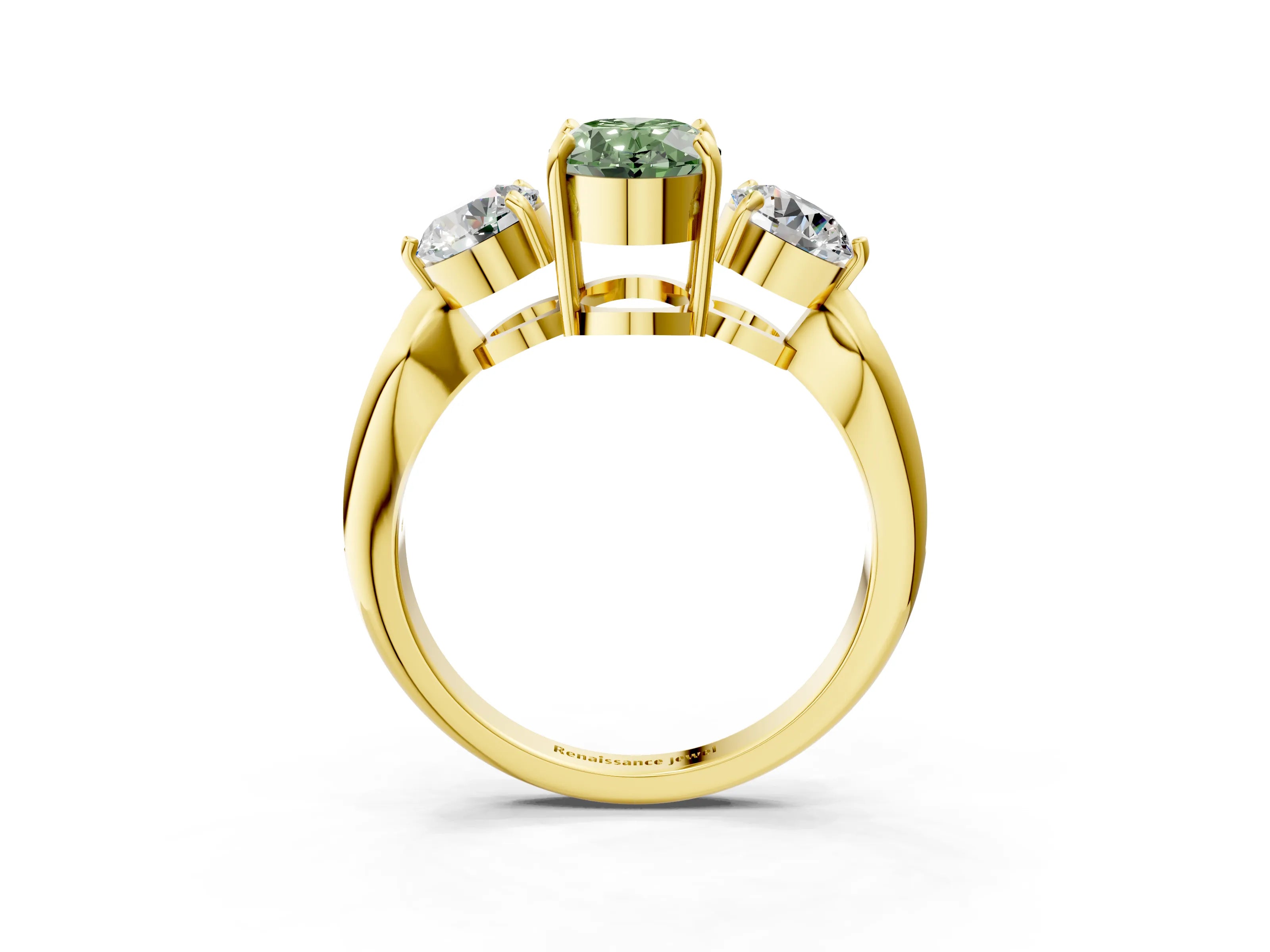 Yellow gold Three-Stone Fancy Green Oval Cut Diamond Channel Set Engagement Ring with Prong Setting_15