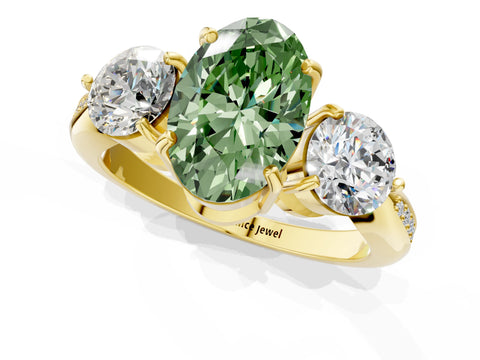 Yellow gold Three-Stone Fancy Green Oval Cut Diamond Channel Set Engagement Ring with Prong Setting_1