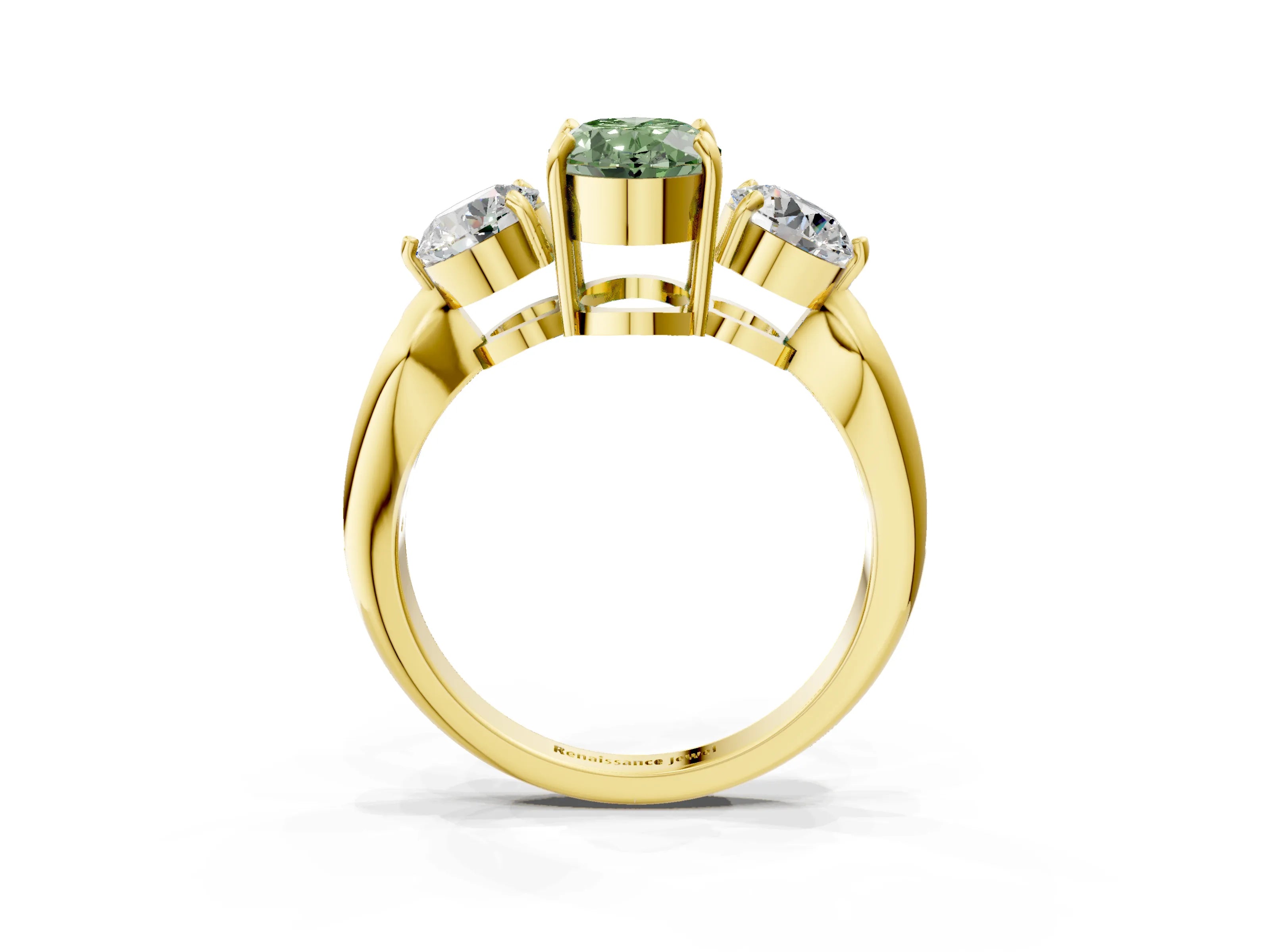 Yellow gold Three-Stone Fancy Green Oval Cut Diamond Channel Set Engagement Ring with Prong Setting_3