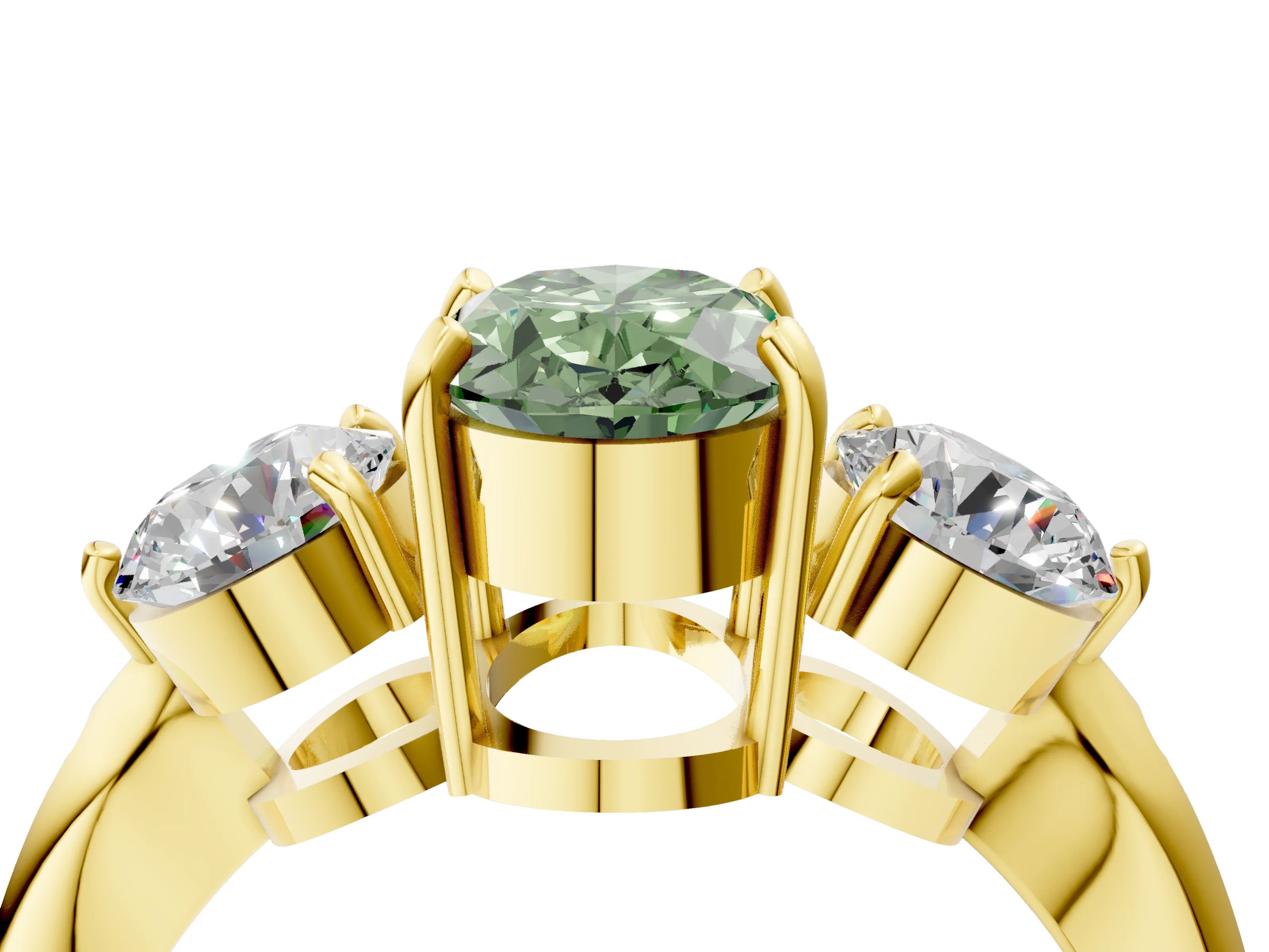 Yellow gold Three-Stone Fancy Green Oval Cut Diamond Channel Set Engagement Ring with Prong Setting_4
