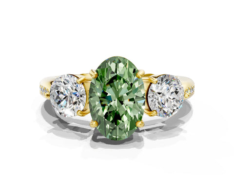 Yellow gold Three-Stone Fancy Green Oval Cut Diamond Channel Set Engagement Ring with Prong Setting