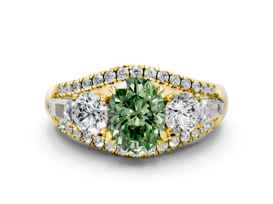Yellow gold Three-Stone Fancy Green Oval Cut Diamond Engagement Ring with Pave Band and Prong Setting