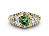 Yellow gold Three-Stone Fancy Green Oval Cut Diamond Engagement Ring with Pave Band and Prong Setting