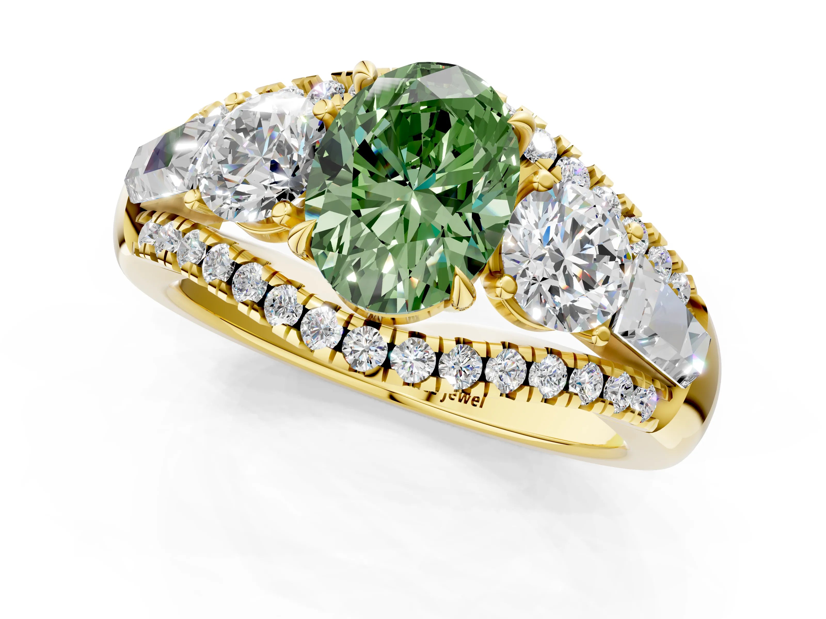 Yellow gold Three-Stone Fancy Green Oval Cut Diamond Engagement Ring with Pave Band and Prong Setting_1