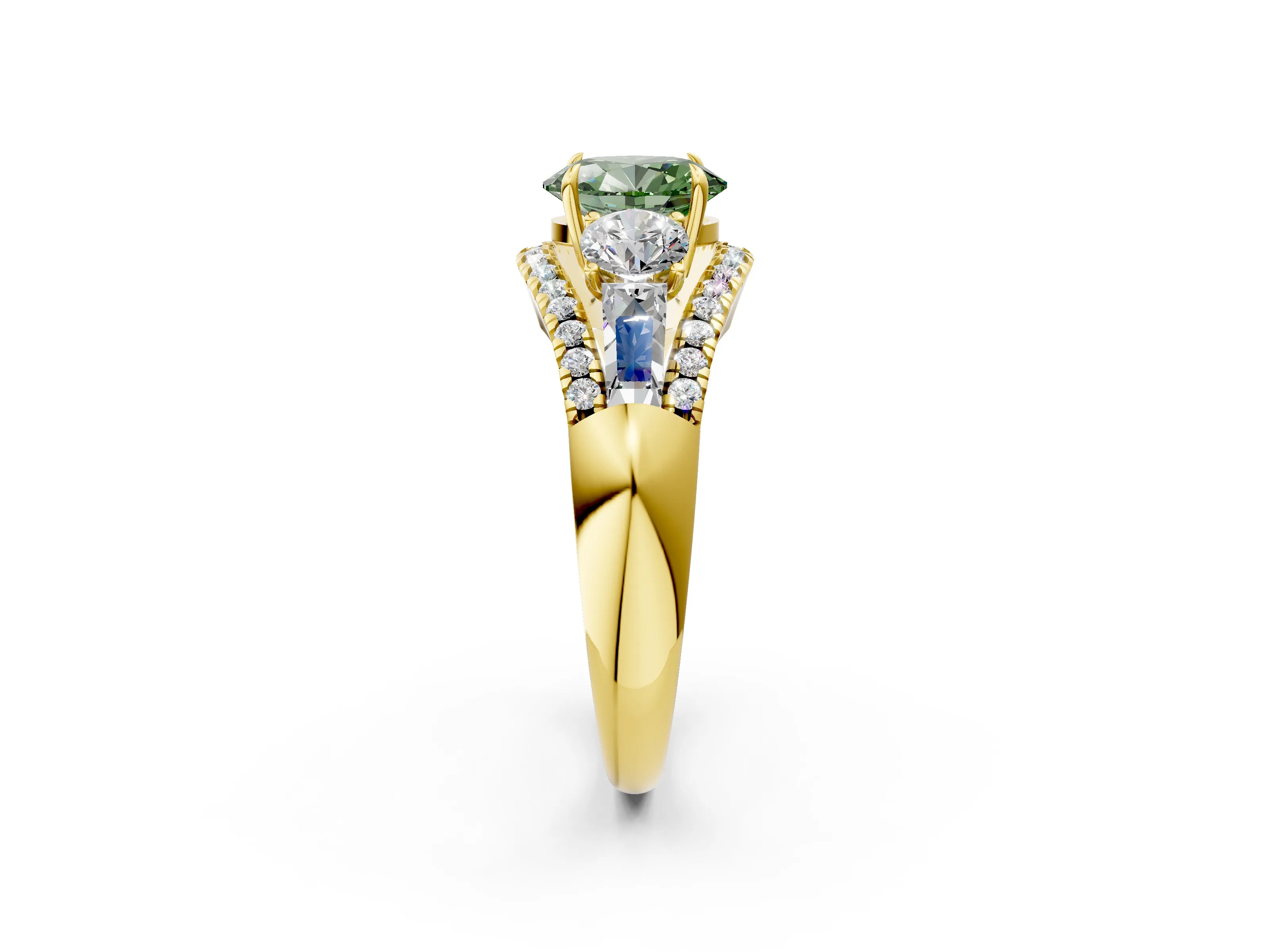Yellow gold Three-Stone Fancy Green Oval Cut Diamond Engagement Ring with Pave Band and Prong Setting_2