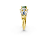 Yellow gold Three-Stone Fancy Green Oval Cut Diamond Engagement Ring with Pave Band and Prong Setting_2