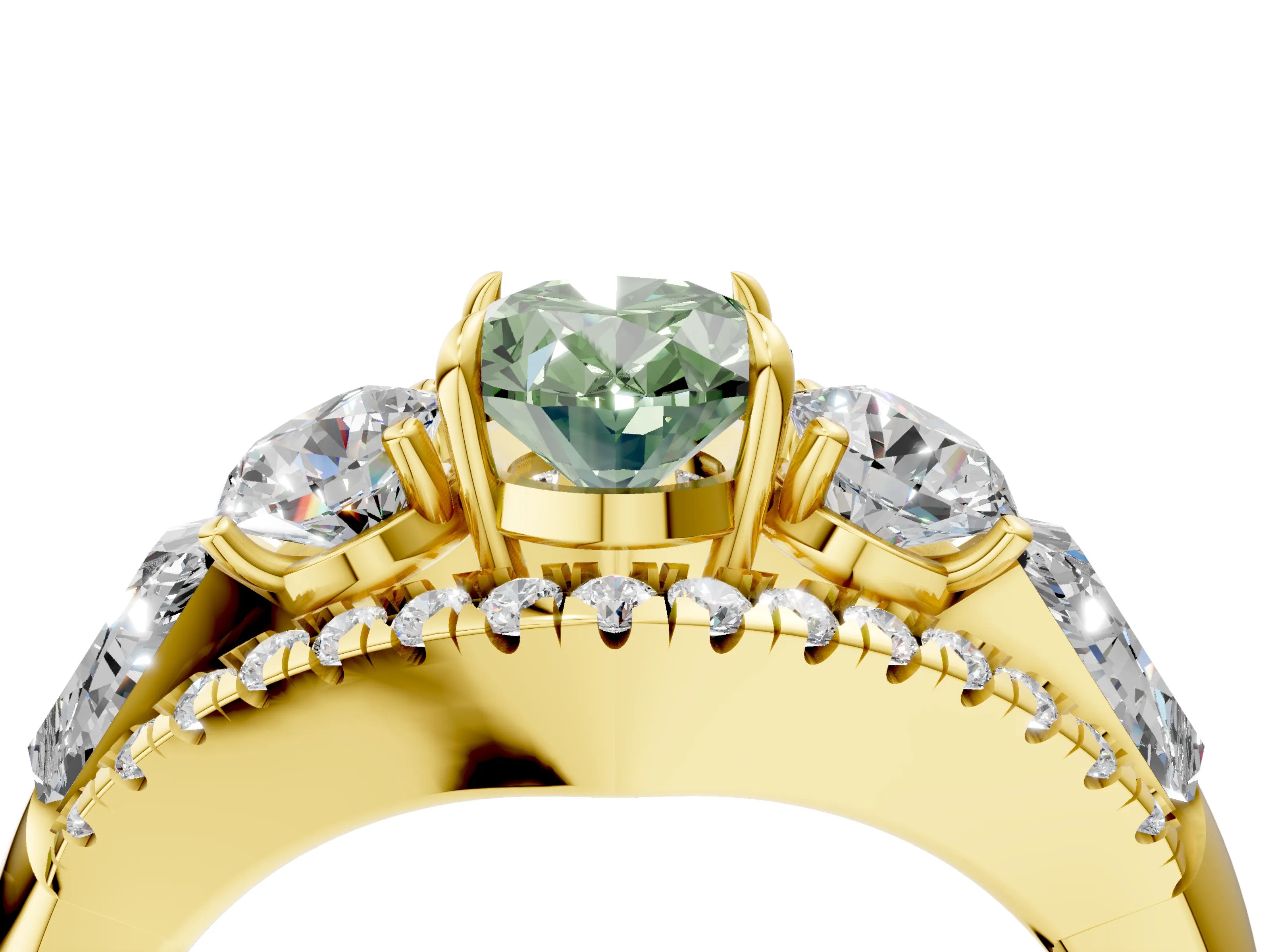 Yellow gold Three-Stone Fancy Green Oval Cut Diamond Engagement Ring with Pave Band and Prong Setting_4