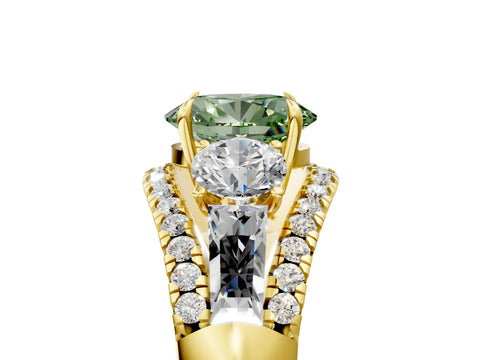 Yellow gold Three-Stone Fancy Green Oval Cut Diamond Engagement Ring with Pave Band and Prong Setting_5