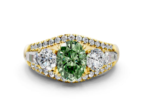 Yellow gold Three-Stone Fancy Green Oval Cut Diamond Engagement Ring with Pave Band and Prong Setting
