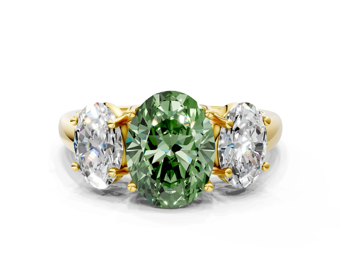 Yellow gold Three-Stone Fancy Green Oval Cut Diamond Engagement Ring with Prong Setting_3