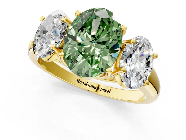 Yellow gold Three-Stone Fancy Green Oval Cut Diamond Engagement Ring with Prong Setting
