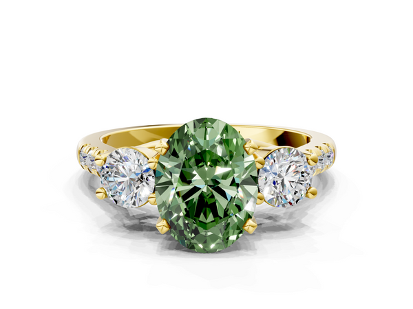 Yellow gold Three-Stone Fancy Green Oval Cut Diamond Pavé Band with Four-Prong Setting