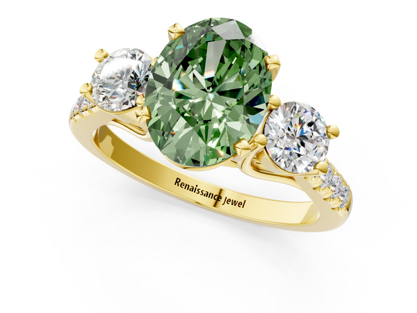 Yellow gold Three-Stone Fancy Green Oval Cut Diamond Pavé Band with Four-Prong Setting