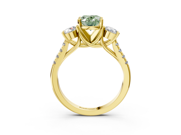 Yellow gold Three-Stone Fancy Green Oval Cut Diamond Pavé Band with Four-Prong Setting