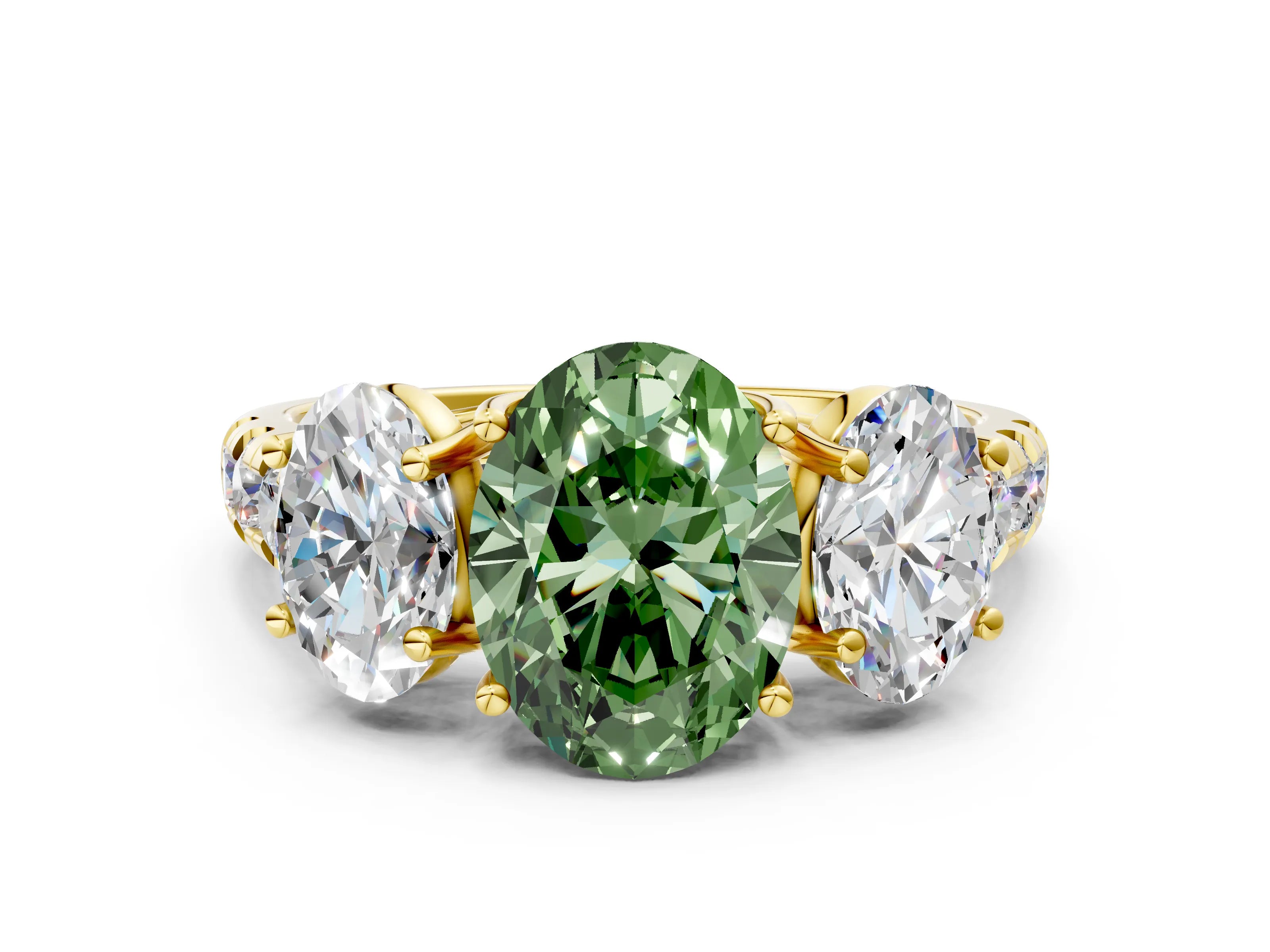 Yellow gold Three-Stone Fancy Green Oval Cut Diamond Pavé Band with Prong Setting