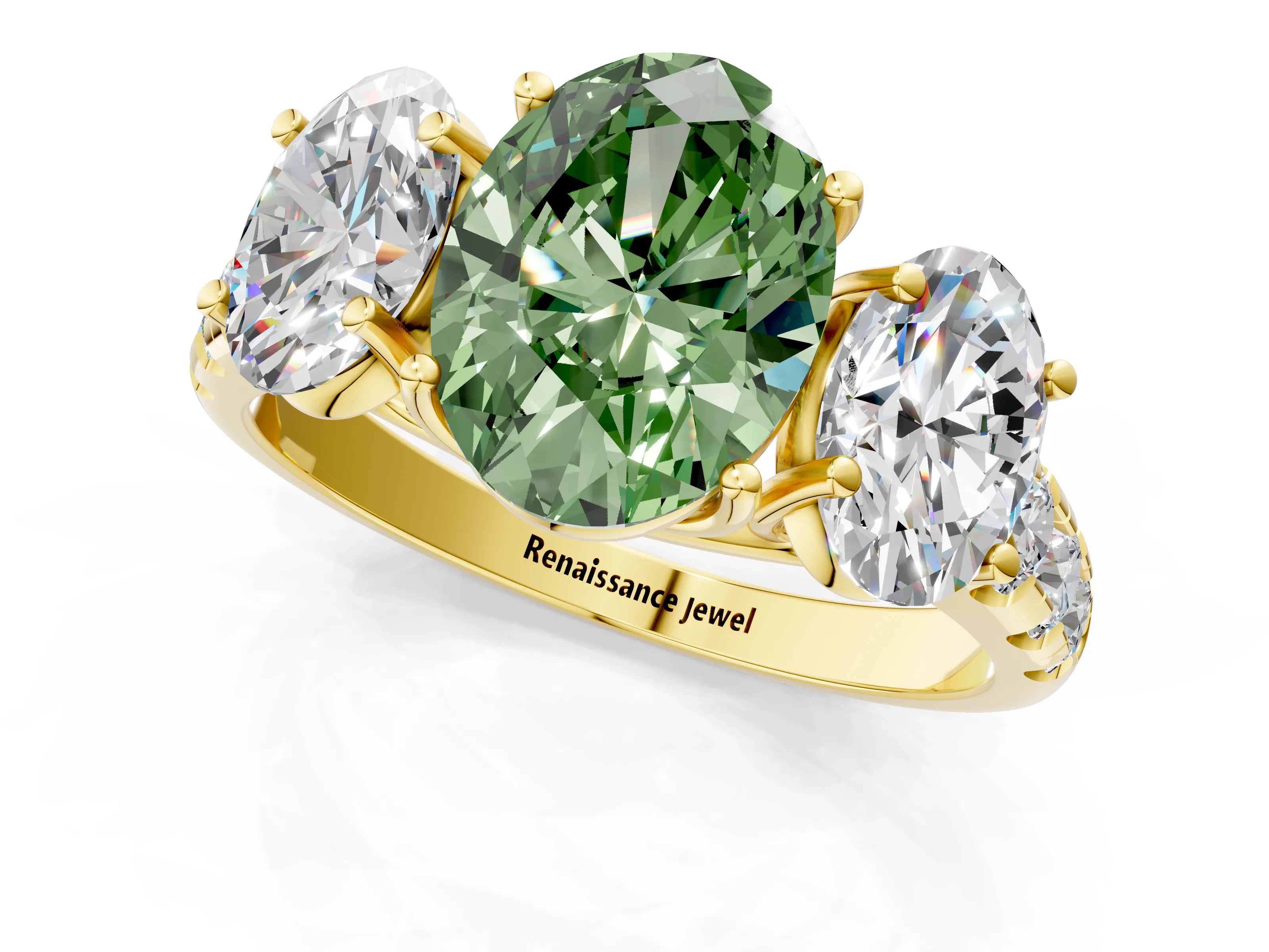 Yellow gold Three-Stone Fancy Green Oval Cut Diamond Pavé Band with Prong Setting_1