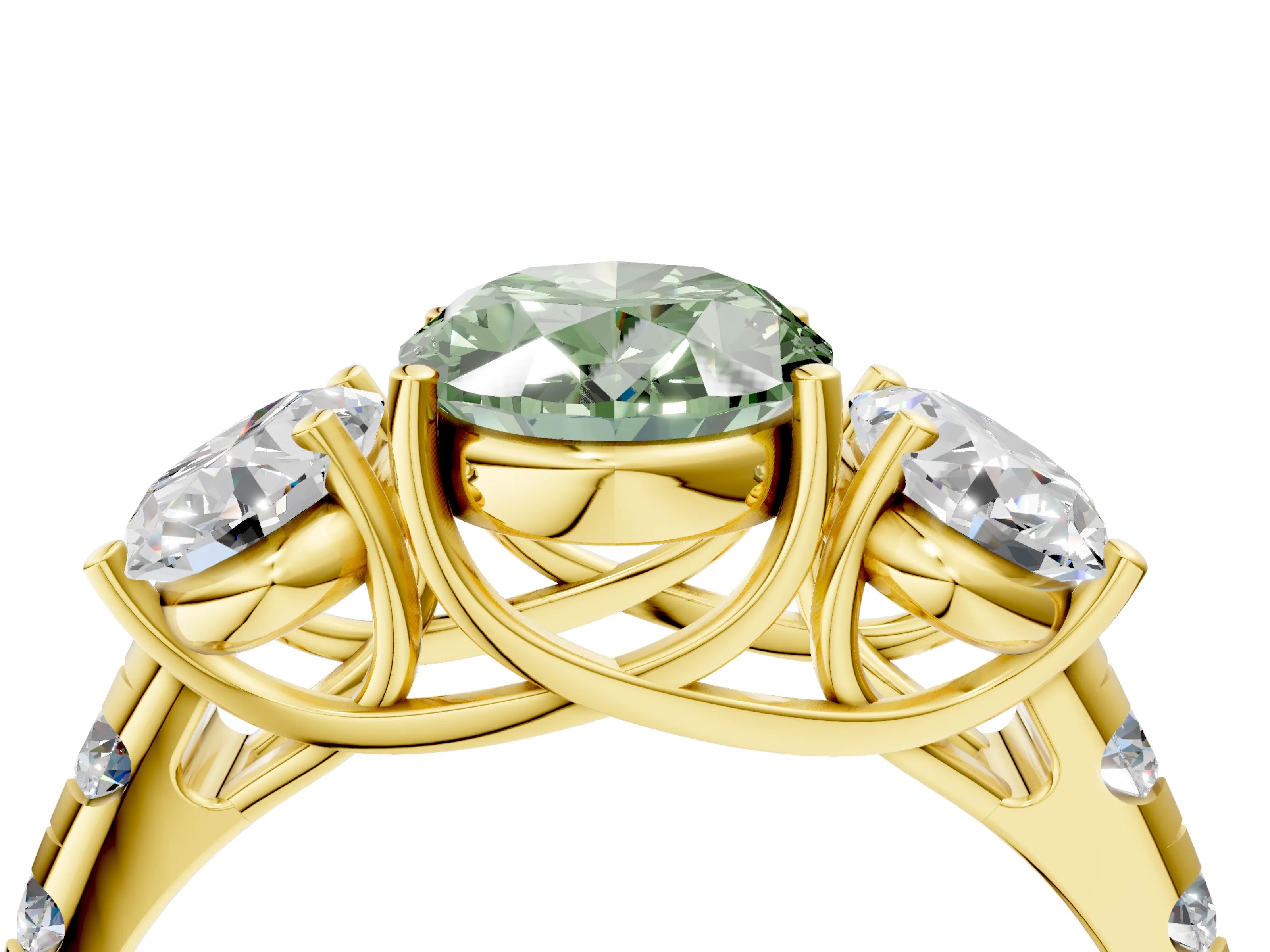 Yellow gold Three-Stone Fancy Green Oval Cut Diamond Pavé Band with Prong Setting_4
