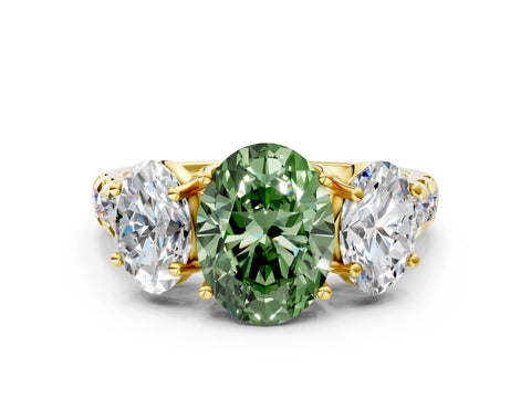 Yellow gold Three-Stone Fancy Green Oval Cut Diamond Pavé Band with Prong Setting